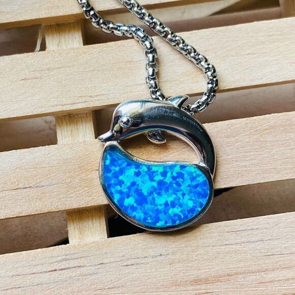 Dolphin Blue Opal Sterling Silver Pendant - Picture 3 of 4